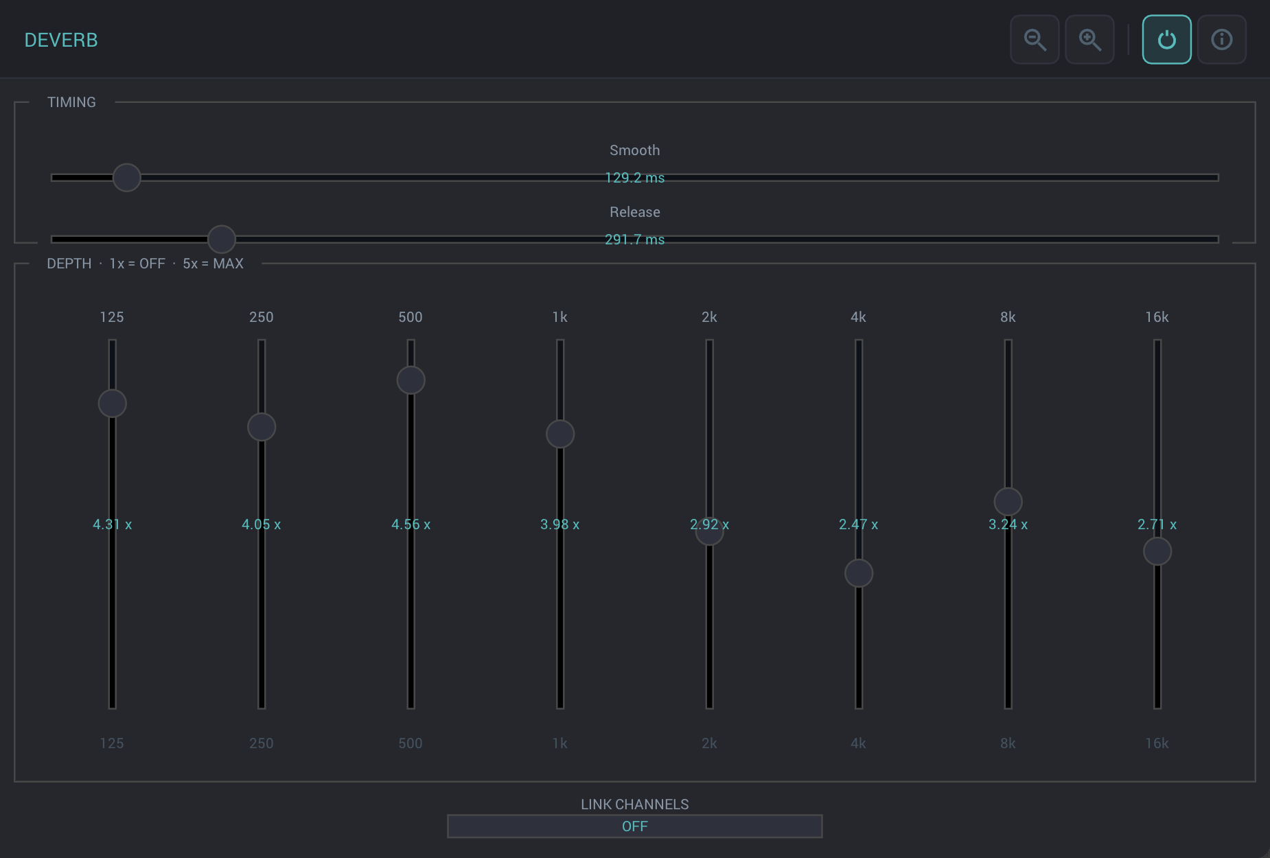 Deverb plugin UI showing eight frequency band faders